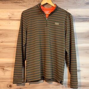 Good Good Quarter Zip Pullover in green and orange stripes size L.